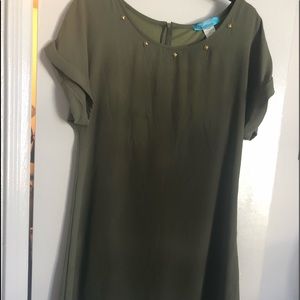 Olive green shift dress with gold details